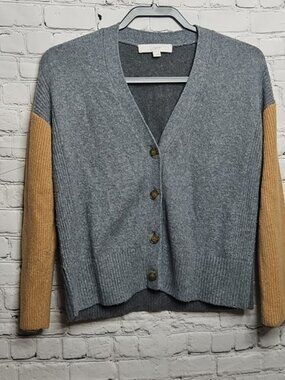LOFT Womens Two Tone Button Down Sweater Gray Tan Small